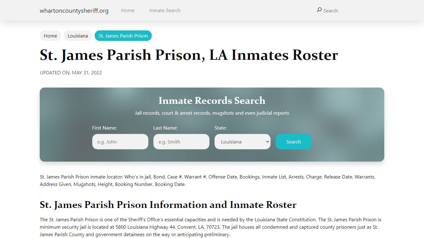 St. James Parish Prison, LA Jail Roster, Name Search